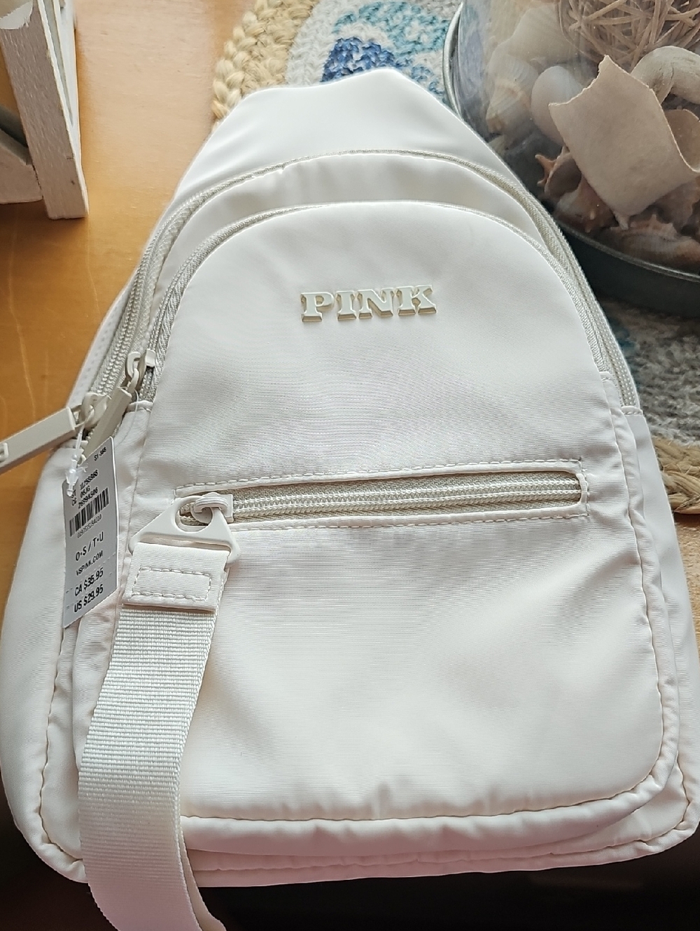 Victoria's Secret PINK White Shell Nylon Sling Backpack